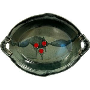 Hand made Pottery Dish Handled Tray Green Holly Berries Appalachian Folk Art usa